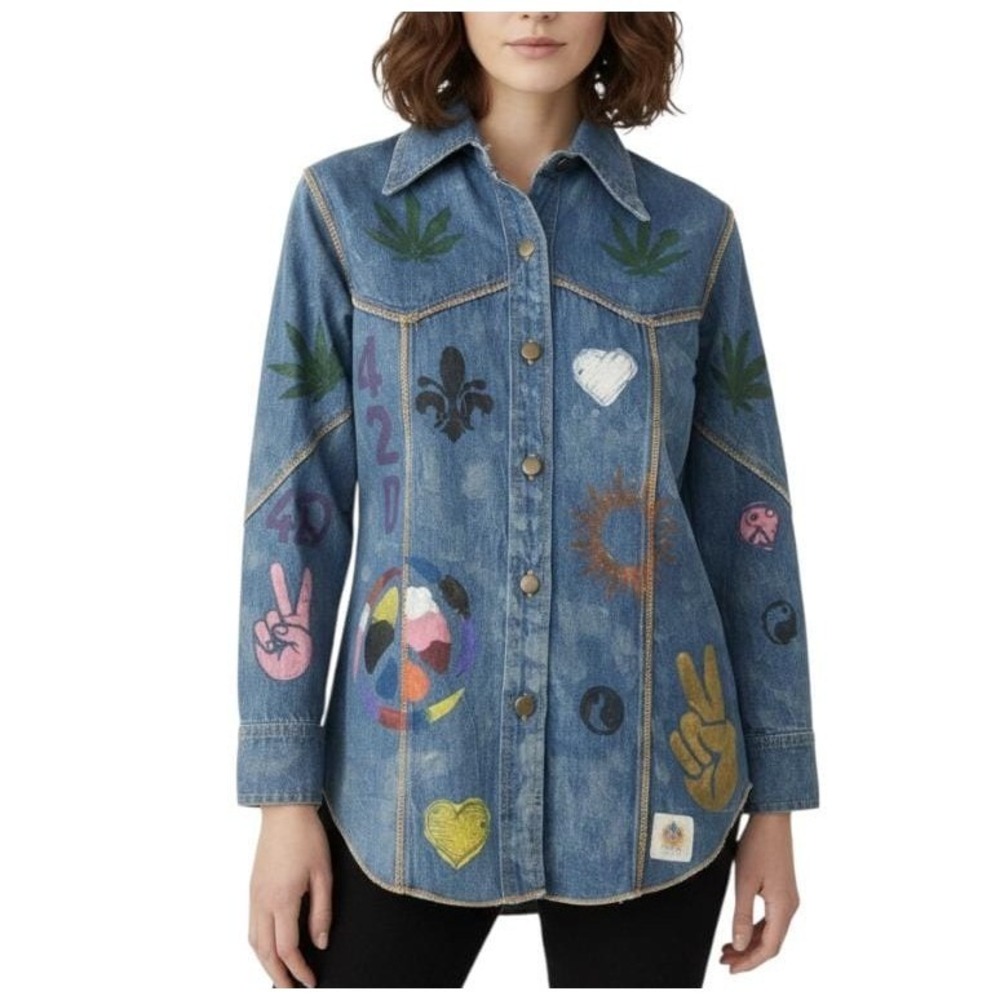 Vtg DENIM SHIRT JACKET Hand Painted Graffiti Marijuana Grunge Street Art S/M